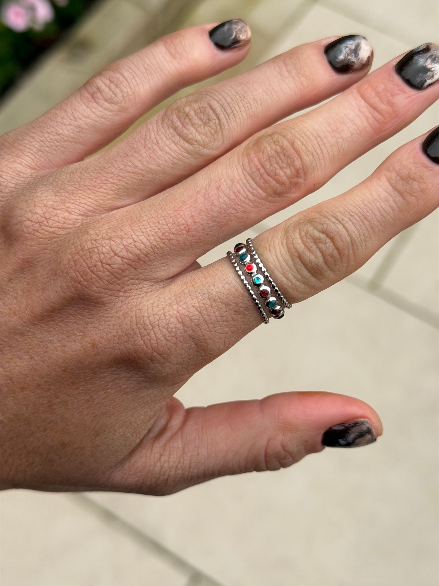 Silver Beaded Gem Ring